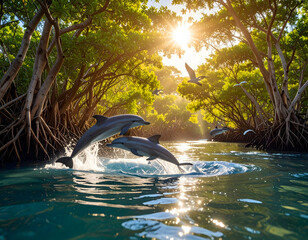 Dolphin leaping out of crystal water in tropical forest scenery