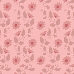 Seamless floral pattern with pink flowers and leaves on pink background