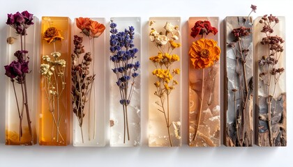 Dried flowers encased in resin showing various colors and textures for design
