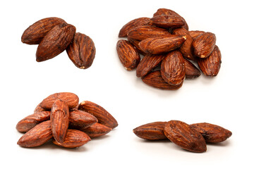 A group of caramelized almonds isolated on a white background.