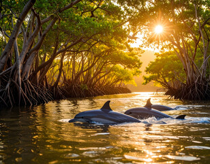 Dolphins swimming in mangrove trees at sunset in tropical waters