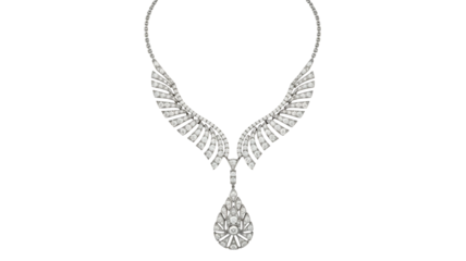 Stunning diamond wingshaped necklace with a large pearcut diamond pendant, isolated on transparent background