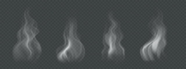 Naklejka na ściany i meble Smoke from hot food, tea, coffee. PNG realistic, wavy steam clouds on transparent background
