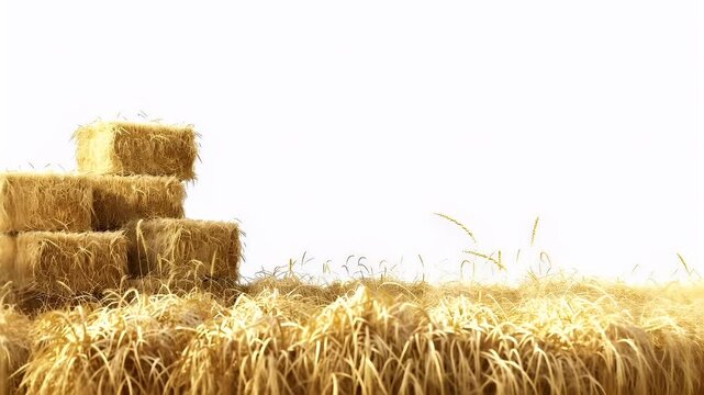 A closeup of hay bales stacked on top of each other in a field. The hay is golden in color, and the texture appears soft and fluffy. The background is a plain white.
