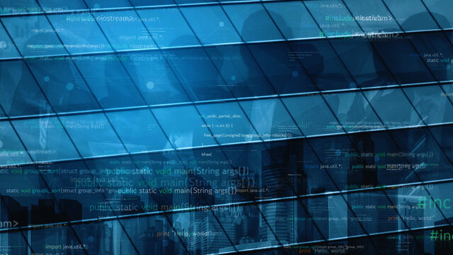 This abstract image showcases a modern glass building reflecting a digital landscape filled with code snippets, representing technology and innovation in business and architecture. Xenic - Powered by Adobe