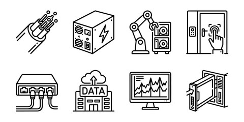 Data center network and IT infrastructure line icons set