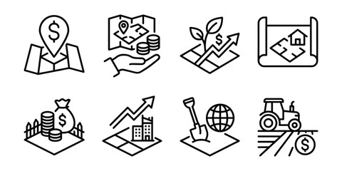 Real estate investment and land development line icons set