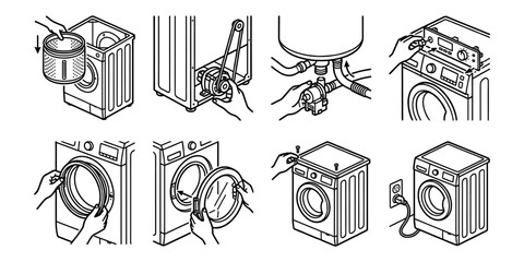 Washing machine repair and laundry appliance maintenance line icons set