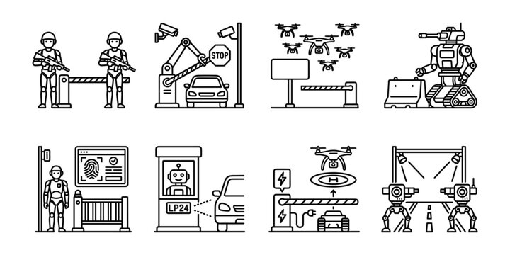 Autonomous border patrol and military robot line icons set