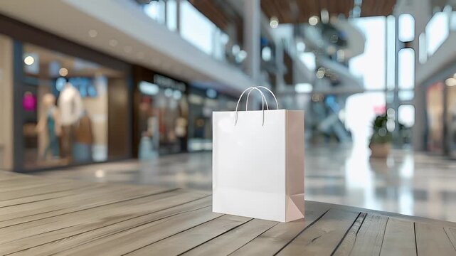 Holiday shopping season. Retail business promotion concept. empty white paper bag on wooden table in modern shopping mall interior.