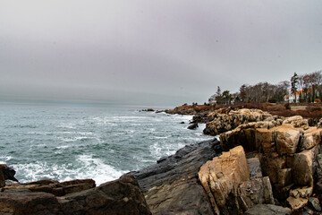 Waves and rocks on the coast of Maine.