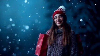 Holiday shopping season. Retail business promotion concept. woman in winter attire with shopping bags and snowflakes background.