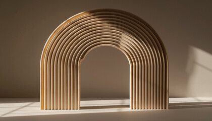 Fototapeta premium Wooden Archway Sculpture Geometric Decor with Warm Light, Minimalist Design, Home Interior, Decorative Object, Art Piece.