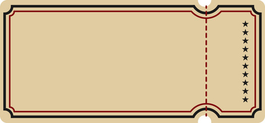 Blank vintage ticket or coupon template with dashed perforation line and decorative star design. Retro admission coupon design for event, movie, or raffle entrance Editable vector illustration.
