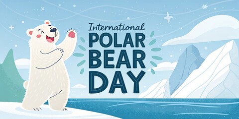 Cute polar bear sitting on ice in arctic landscape for international day celebration.