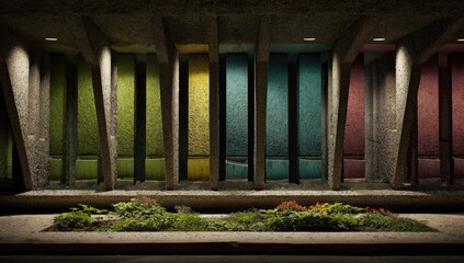 Colorful facade with textured vertical panels and overhead lighting.