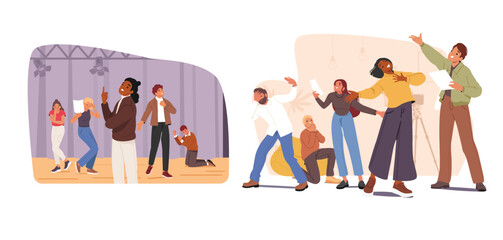 Drama theatre class for people set with diverse male female characters experiencing improvisation