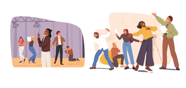 Drama theatre class for people set with diverse male female characters experiencing improvisation