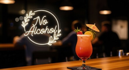Colorful mocktail with strawberry and lime on a dark bar. A glowing neon sign states 'No Alcohol,' reflecting a mindful, sober choice for healthy living. Ideal for dry January,