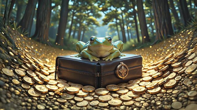 A toad sits on gold coins. Concept for attracting wealth.