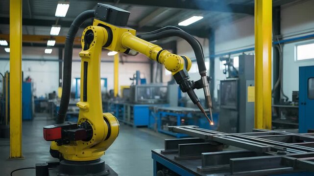 Industrial robotic arm welding metal beams in a factory setting with bright sparks flying video