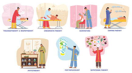 Eastern alternative medicine cartoon scene set with different holistic health and wellness practices