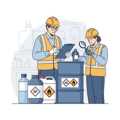 Two workers in safety gear inspect hazardous materials.