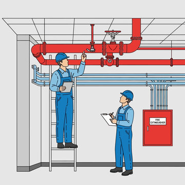 Two workers inspecting industrial pipes and equipment.