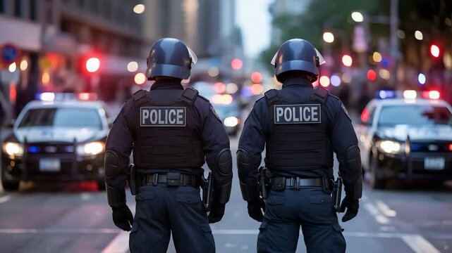 Two Police Officers in Riot Gear Staring Down City Street with Patrol Cars and Flashing Lights During Urban Event.