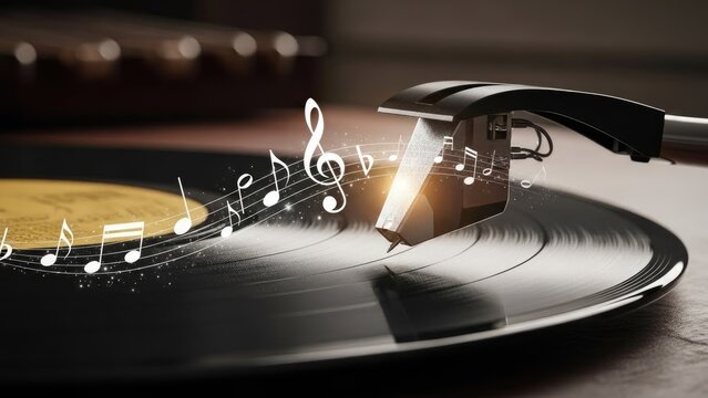 Vintage record spinning with musical notes and glowing particles emerging, capturing sound and melody, evoking nostalgia and analog audio experience, timeless rhythm.