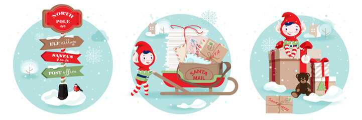Cute Elfs delivering Christmas wishlists, letters from kids to Santa, helping to packaging Christmas gifts for children. North Pole pointer to Elfs village and Santa house. Set of vector illustration.