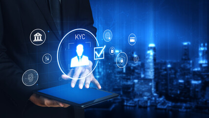 Digital KYC verification with biometric scan, ID authentication, and financial security icons representing identity verification, secure onboarding, fraud prevention, and compliance Vouch