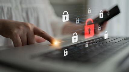 Digital security concept illustrating a cybersecurity breach, with a red unlocked padlock indicating data exposure among secure systems, emphasizing system vulnerability and risk Latch