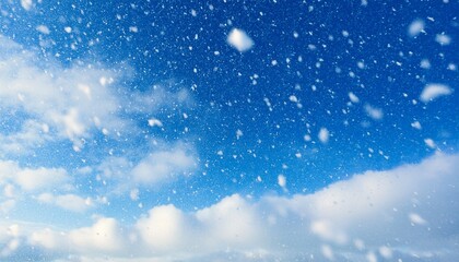 Winter Snowfall Against A Soft Blue Sky With Fluffy Clouds And White Flakes