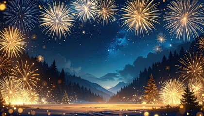 Night sky background with fireworks celebrating the arrival of the new year