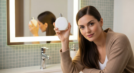 Beautiful woman with long dark hair holding a hair care product in a modern bathroom, showcasing hair beauty and self-care routine with soft lighting and elegant decor