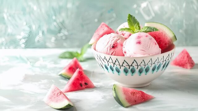 A closeup of a bowl of watermelon slices on a white surface with a blue background. The bowl is white with blue and green patterns, and there are watermelon pieces scattered around the bowl.