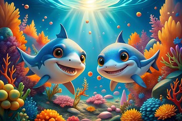 Two cheerful cartoon sharks swim playfully among colorful coral and sunbeams underwater