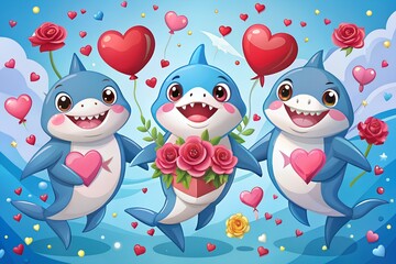 Three adorable baby sharks celebrate with hearts roses and balloons on a blue background