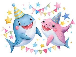 Festive watercolor illustration of two adorable cartoon sharks celebrating a joyful occasion