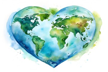 Watercolor heart shaped world map with continents and oceans in soft hues