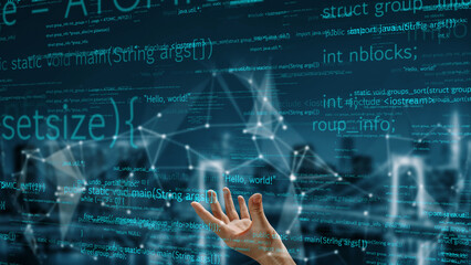 A captivating image featuring a human hand reaching toward dynamic code and data, symbolizing the intersection of technology, programming, and user interaction. Xenic