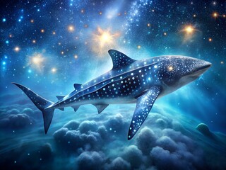Whale shark swims through a vibrant and colorful underwater cosmic galaxy scene