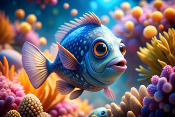 Vibrant blue fish with large eyes swims among colorful coral reef formations underwater