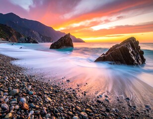 Sunrise over a rocky beach. Colorful sunset over a pebble beach with waves washing over rocks