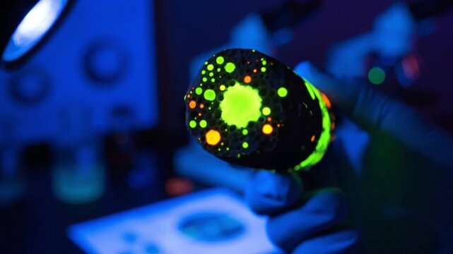 Examination of Rock Core Sample Under Ultraviolet Light by Scientist for Research Analysis and Geological Study Scientific Exploration and Analysis for Resource Discovery