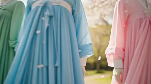Vibrant pastel Hanbok dresses flowing beautifully under blooming wisteria in springtime