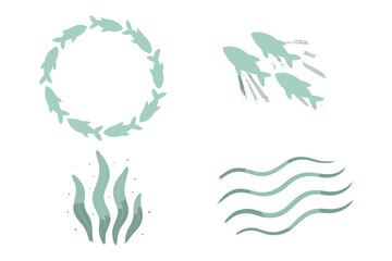 Obraz premium Bioluminescent Sea Dance. Isometric vector illustration set Submarine radiance: group of glowing fish forming circular pattern,