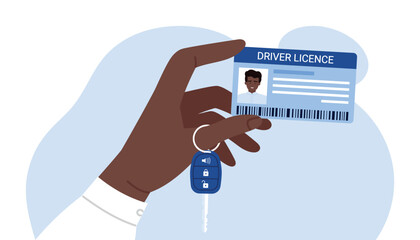 African American hand holding driver license and car keys, representing identification and vehicle access, modern flat style, official document concept, isolated on white background vector