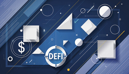 DeFi Decentralized Finance Illustration Abstract Blue Background with Dollar Sign, Circles, Squares, Fintech Concept.